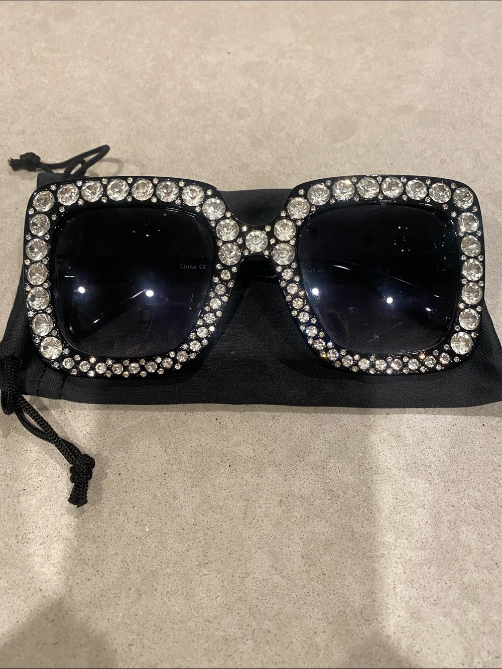 Black Crystal Oversized Square Sunglasses
